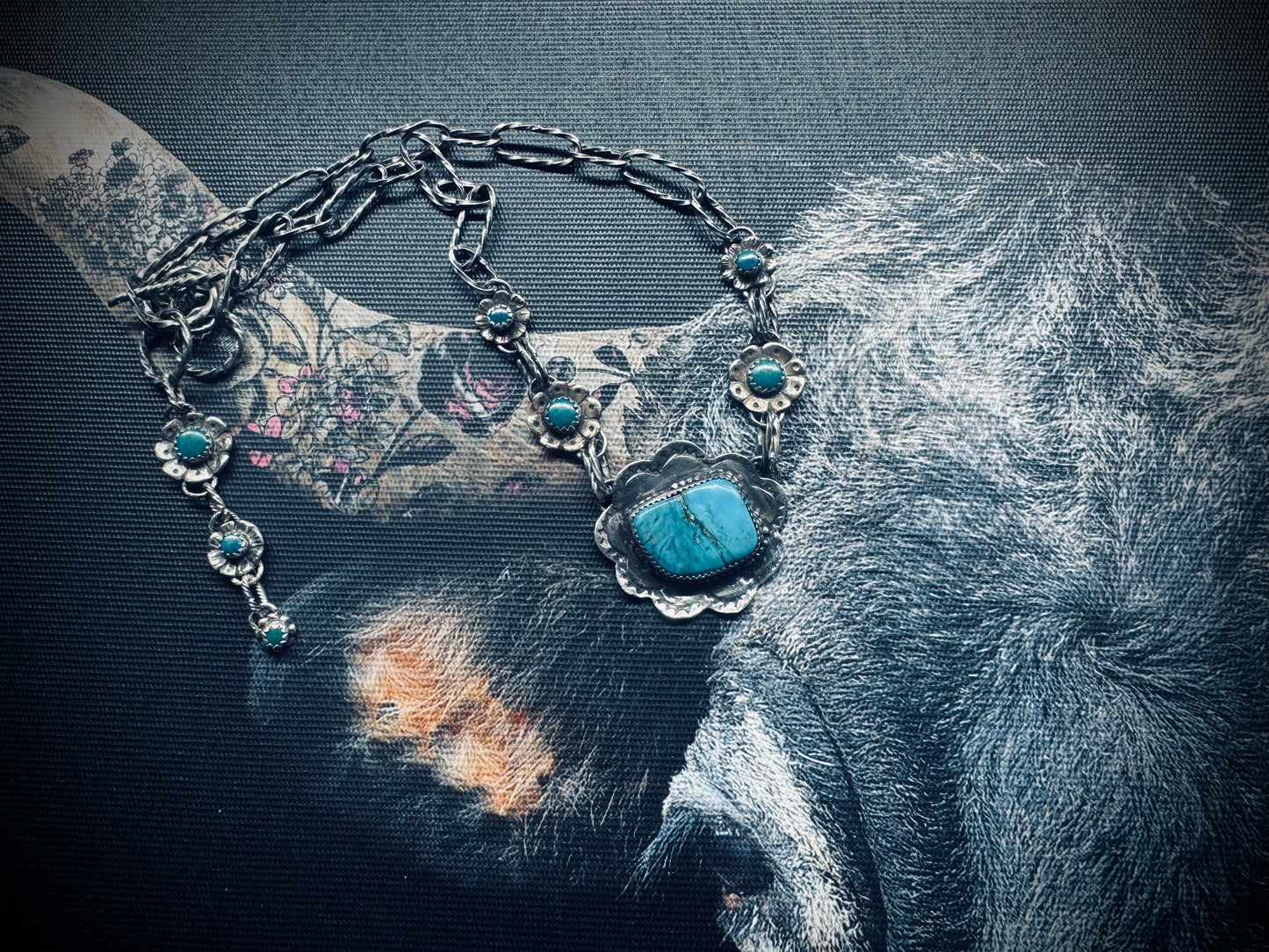 Turquoise Flower Statement Sterling Silver Necklace