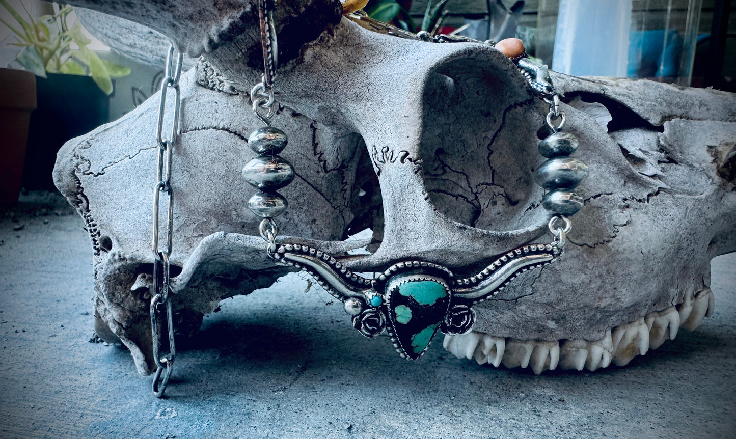 Hubei Turquoise and Pink Conch Silversmith Steer Necklace
