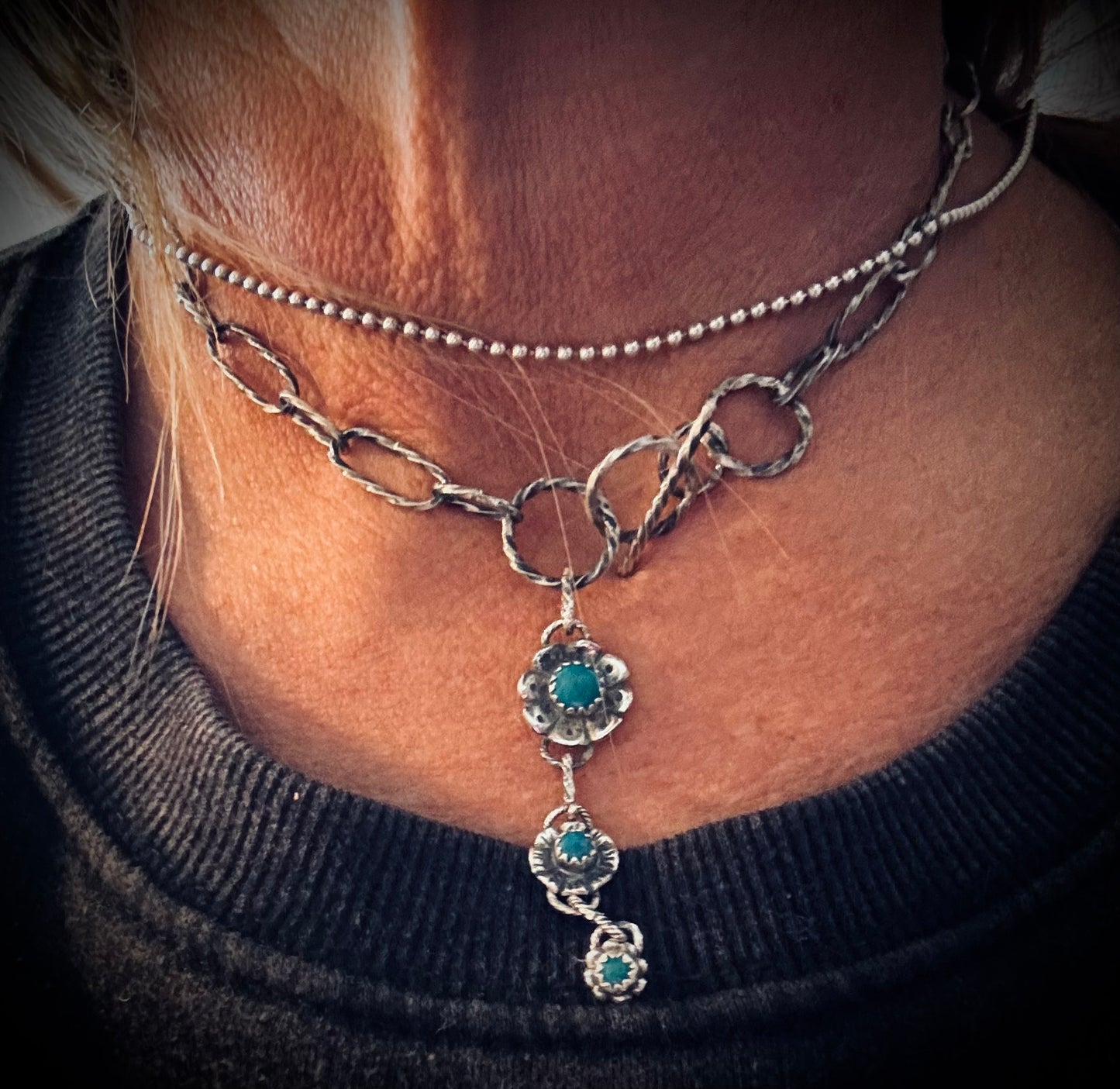 Turquoise Flower Statement Sterling Silver Necklace