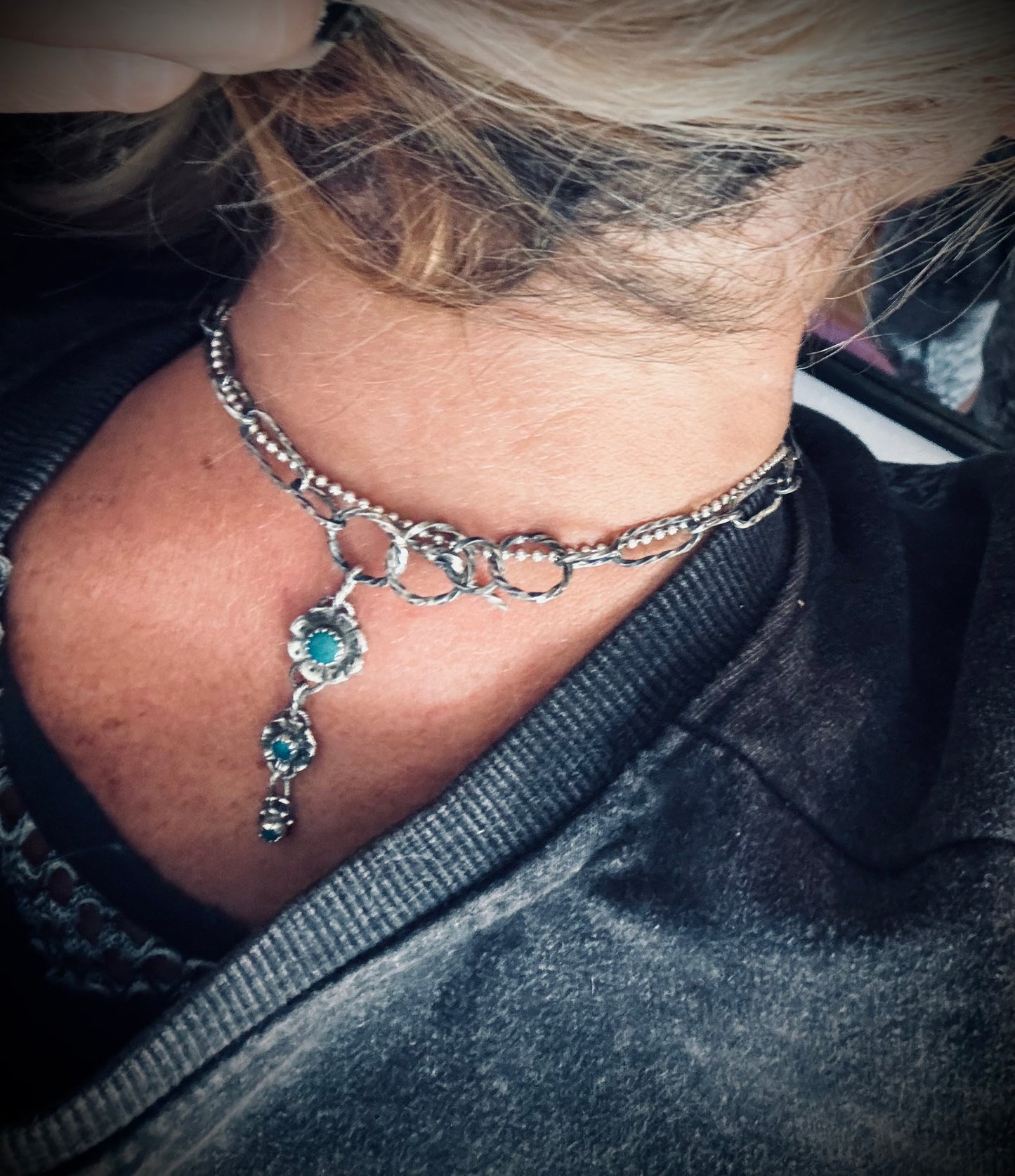 Turquoise Flower Statement Sterling Silver Necklace