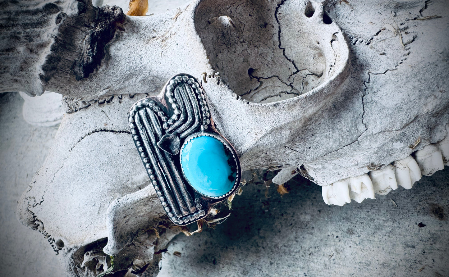 Fox Turquoise Silver Cactus Statement Ring