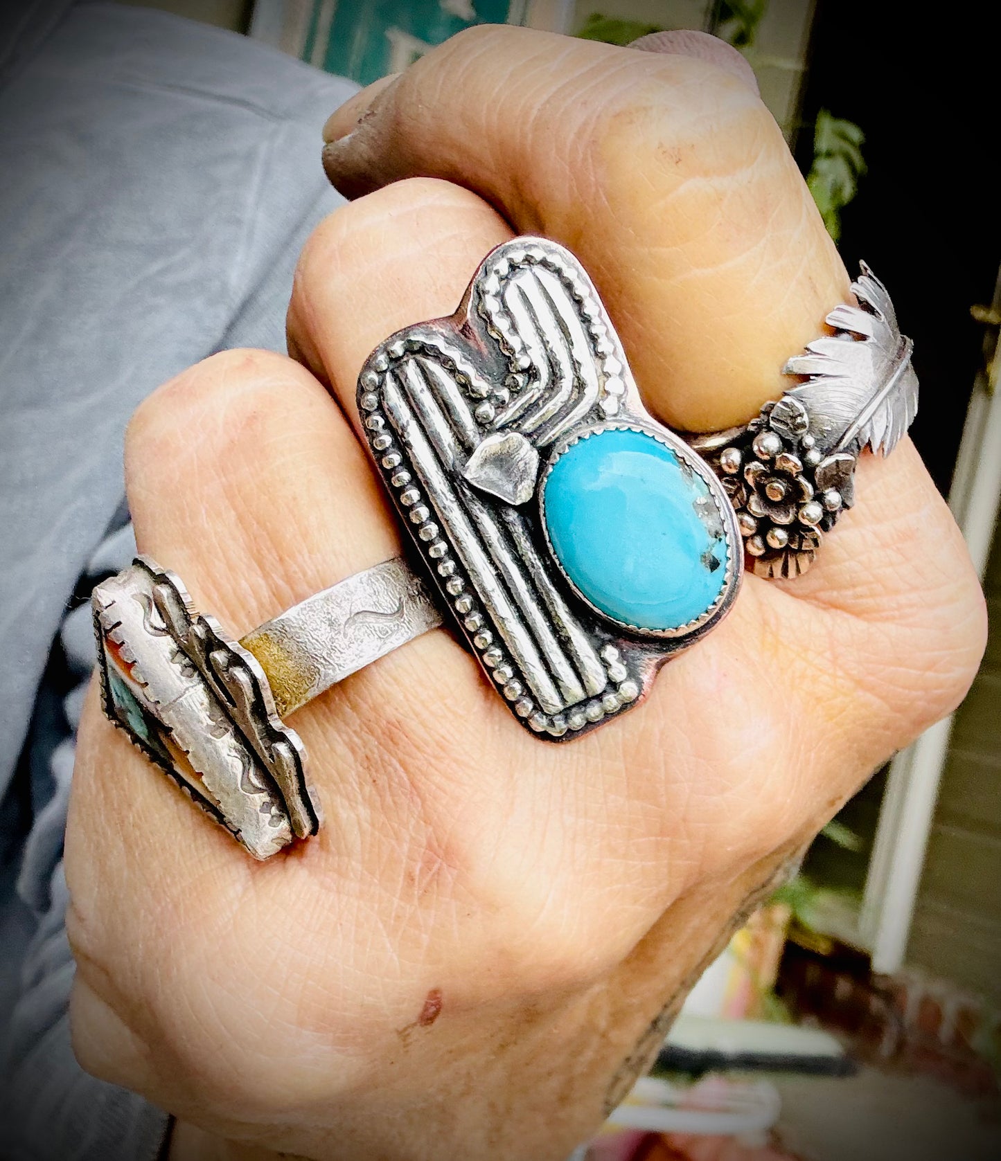 Fox Turquoise Silver Cactus Statement Ring