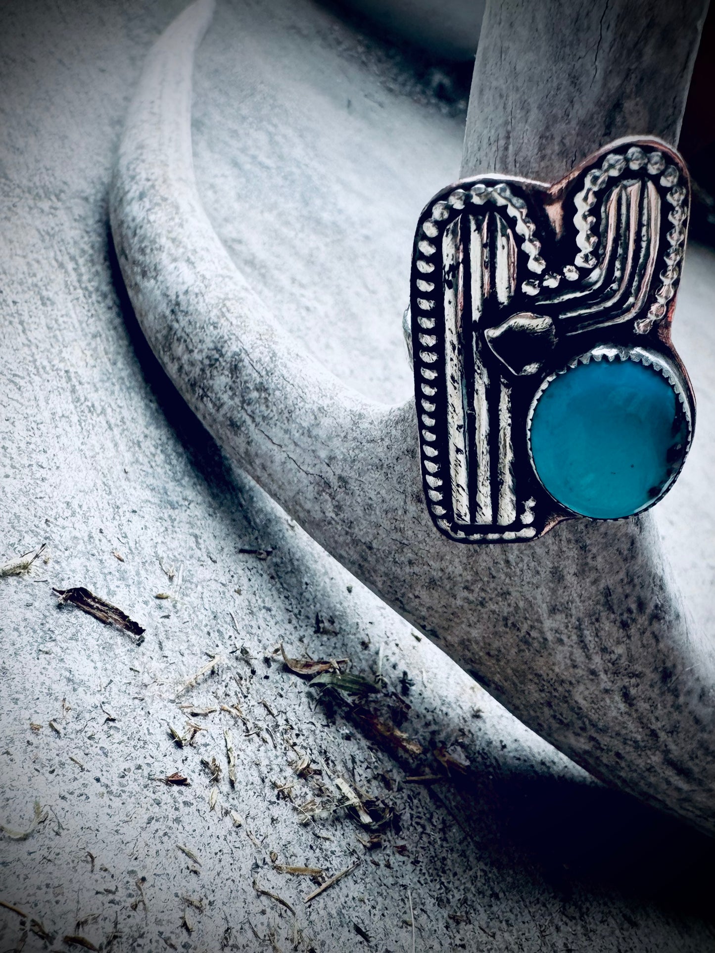 Fox Turquoise Silver Cactus Statement Ring