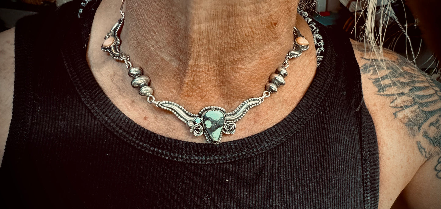Hubei Turquoise and Pink Conch Silversmith Steer Necklace