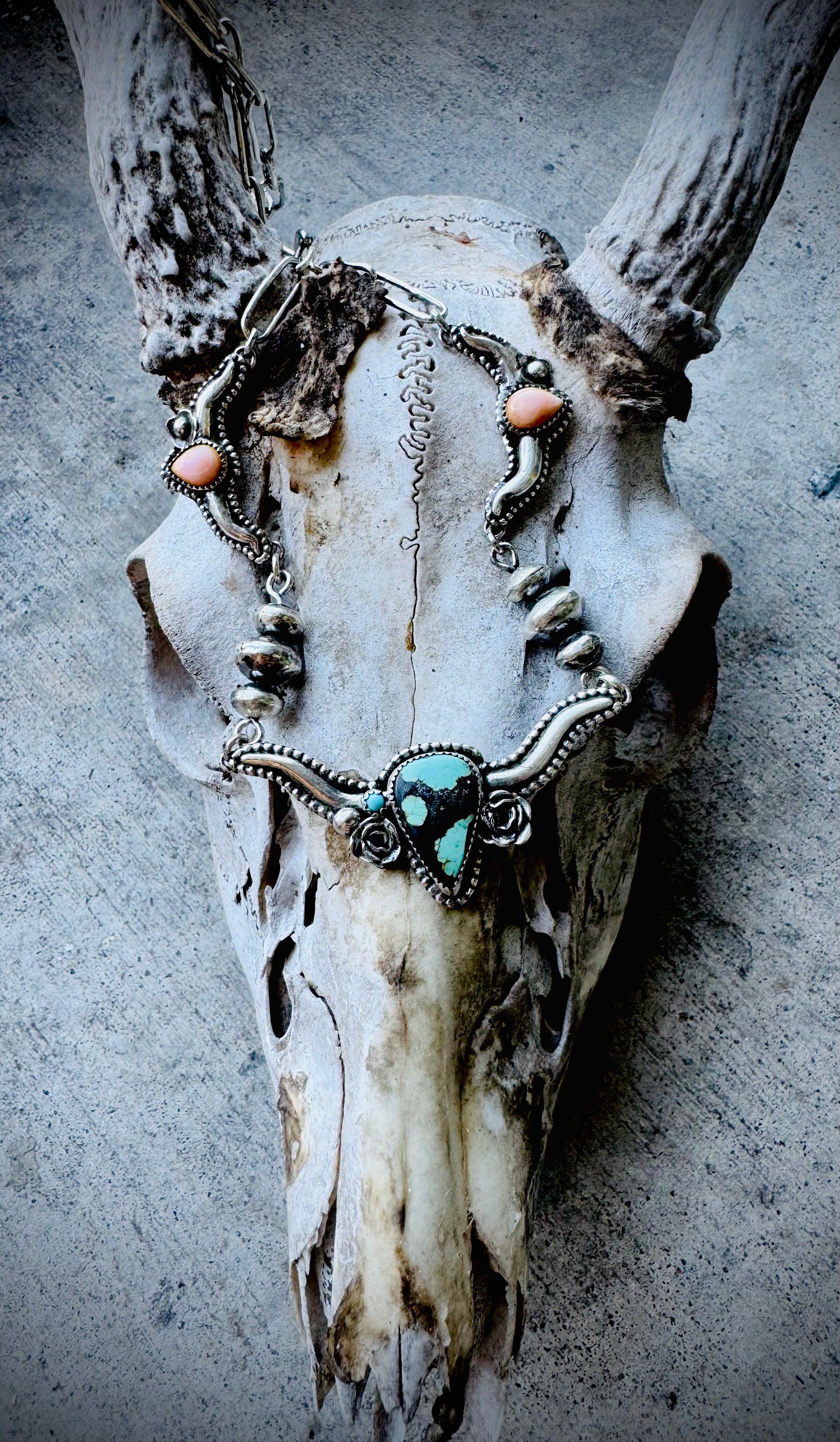 Hubei Turquoise and Pink Conch Silversmith Steer Necklace