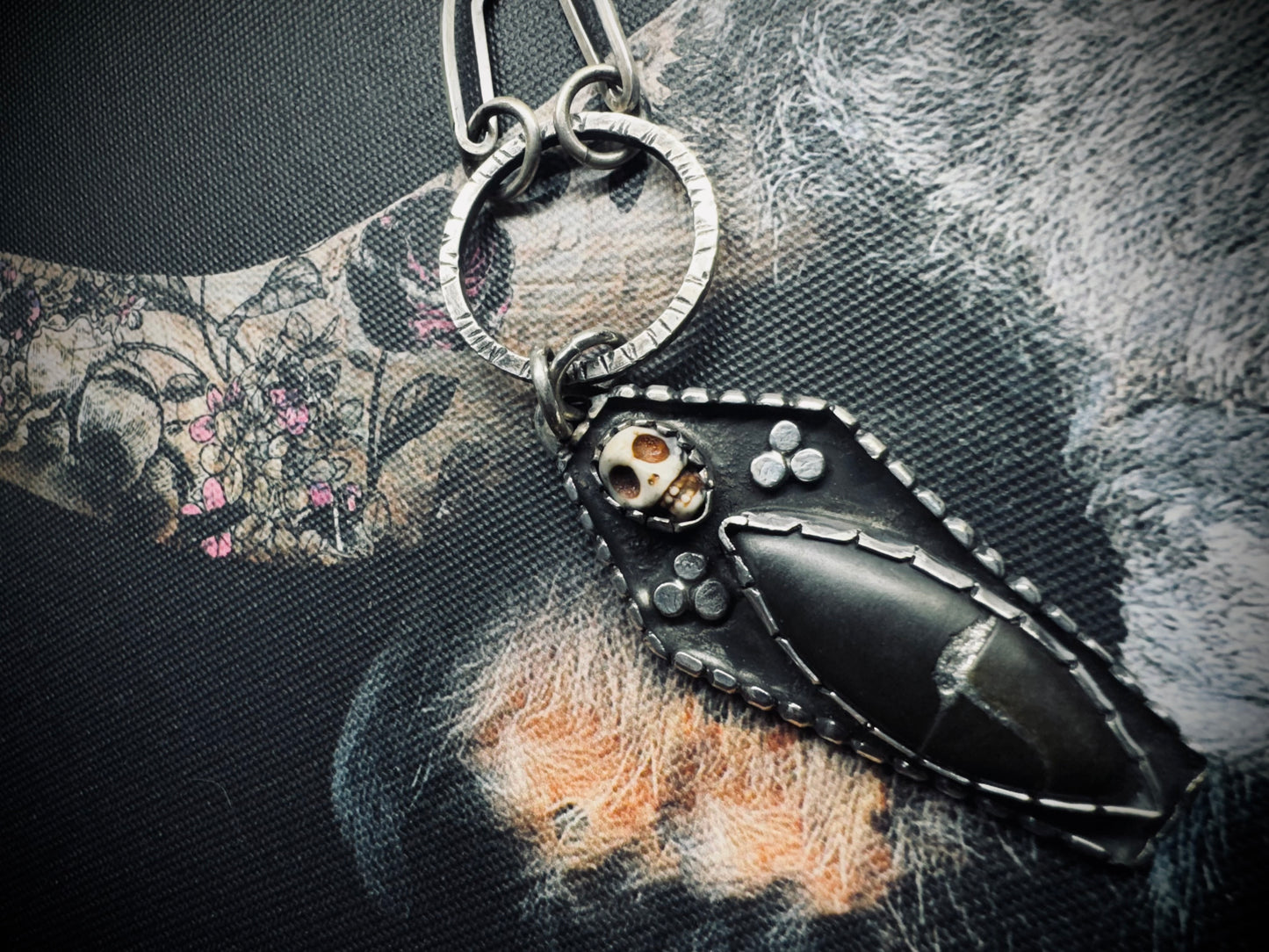 Sterling Silver Obsidian Skull Coffin Necklace