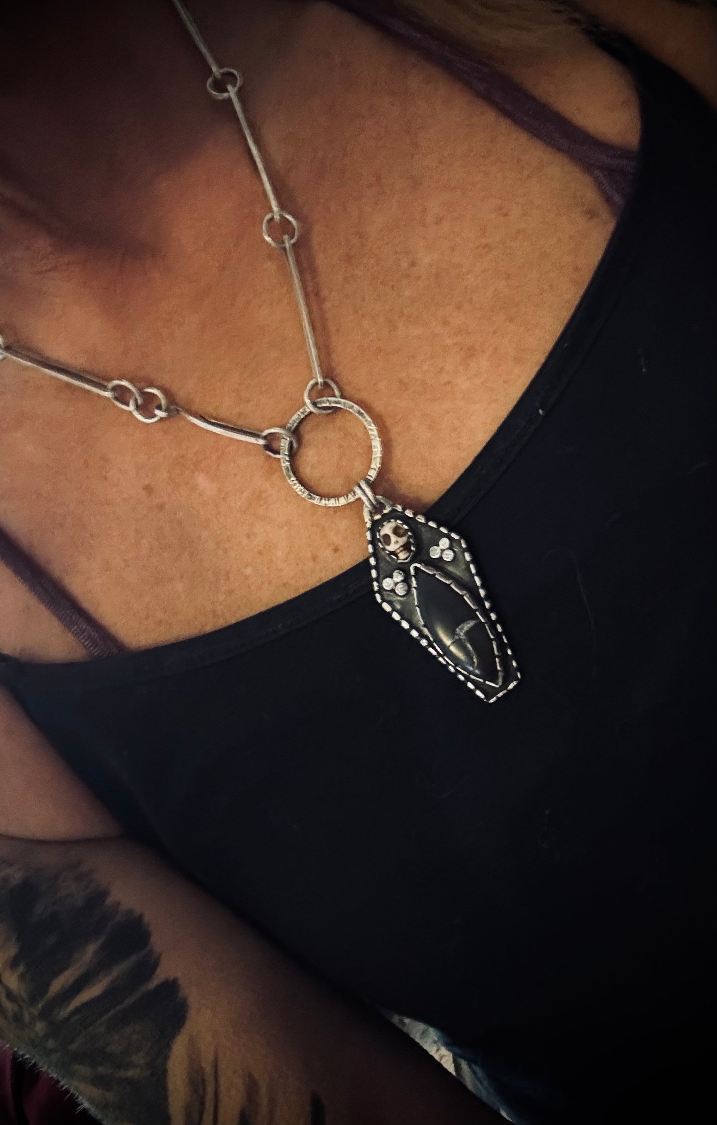 Sterling Silver Obsidian Skull Coffin Necklace