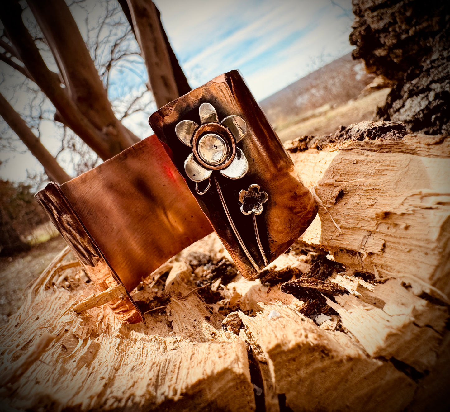 Rustic Copper Flower Cuff