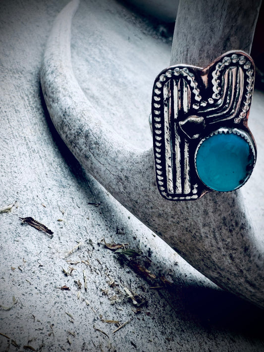 Fox Turquoise Silver Cactus Statement Ring